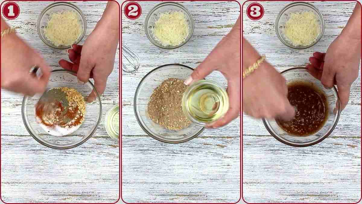 Three-step collage showing hands mixing dry ingredients, adding oil, and stirring the mixture in a glass bowl on a white surface, with small bowls of grated cheese nearby.