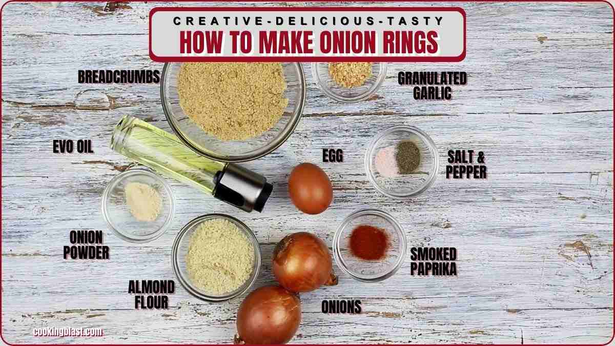 Ingredients for onion rings are arranged on a wooden surface, including onions, egg, breadcrumbs, almond flour, oil, spices, salt, and pepper, each labeled with text.