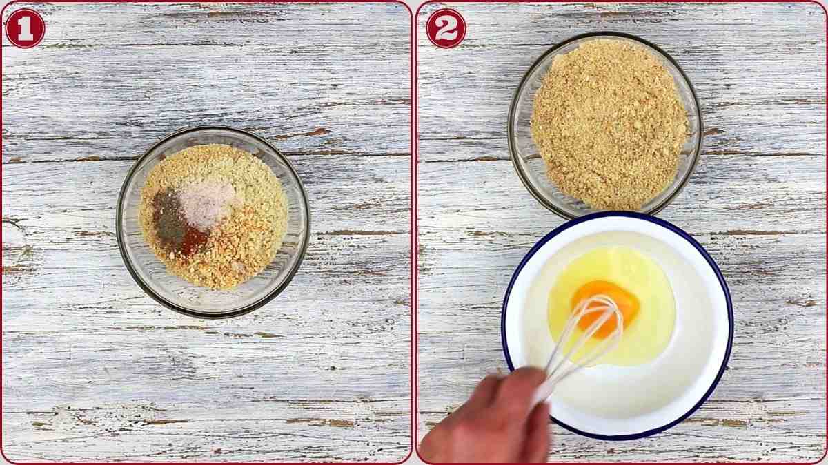Step 1: A bowl with breadcrumbs and spices. Step 2: A bowl with an egg being whisked by hand, and a bowl of breadcrumbs nearby.