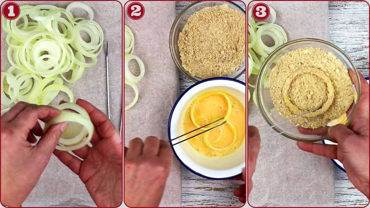 Three-step process for making onion rings: slicing onions, dipping rings in egg wash, then coating them with breadcrumbs.