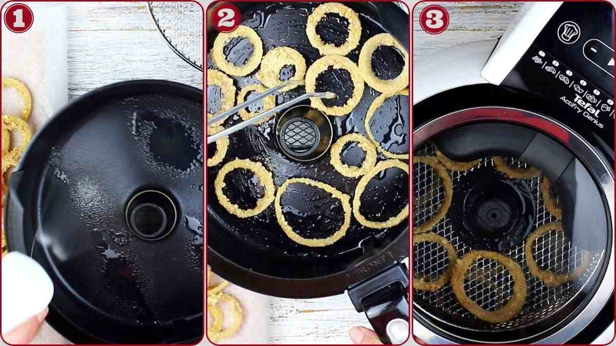 Three-step process of placing breaded onion rings into an air fryer basket and cooking them, shown in three sequential panels labeled 1, 2, and 3.