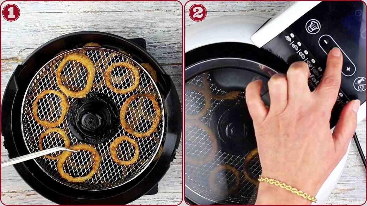Two-panel image: Left shows onion rings in an air fryer basket; right shows a hand pressing buttons on the air fryer’s control panel.