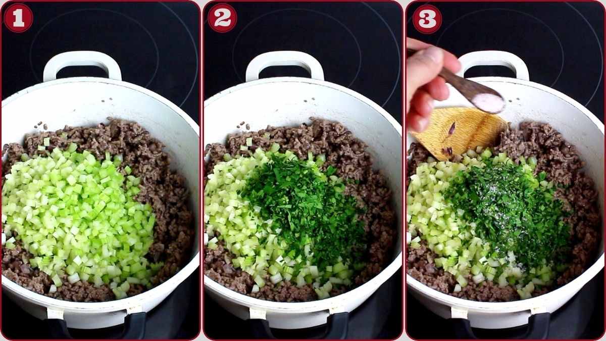 A white pot on a stovetop with ground meat, chopped celery, and parsley being added and mixed in three sequential steps.