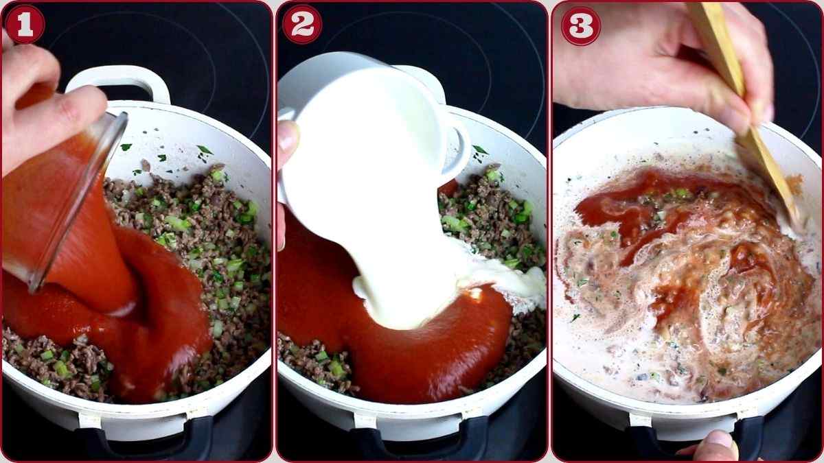 Three-panel image showing steps of adding tomato sauce and cream to ground meat and vegetables in a pot, then stirring the mixture with a wooden spoon.