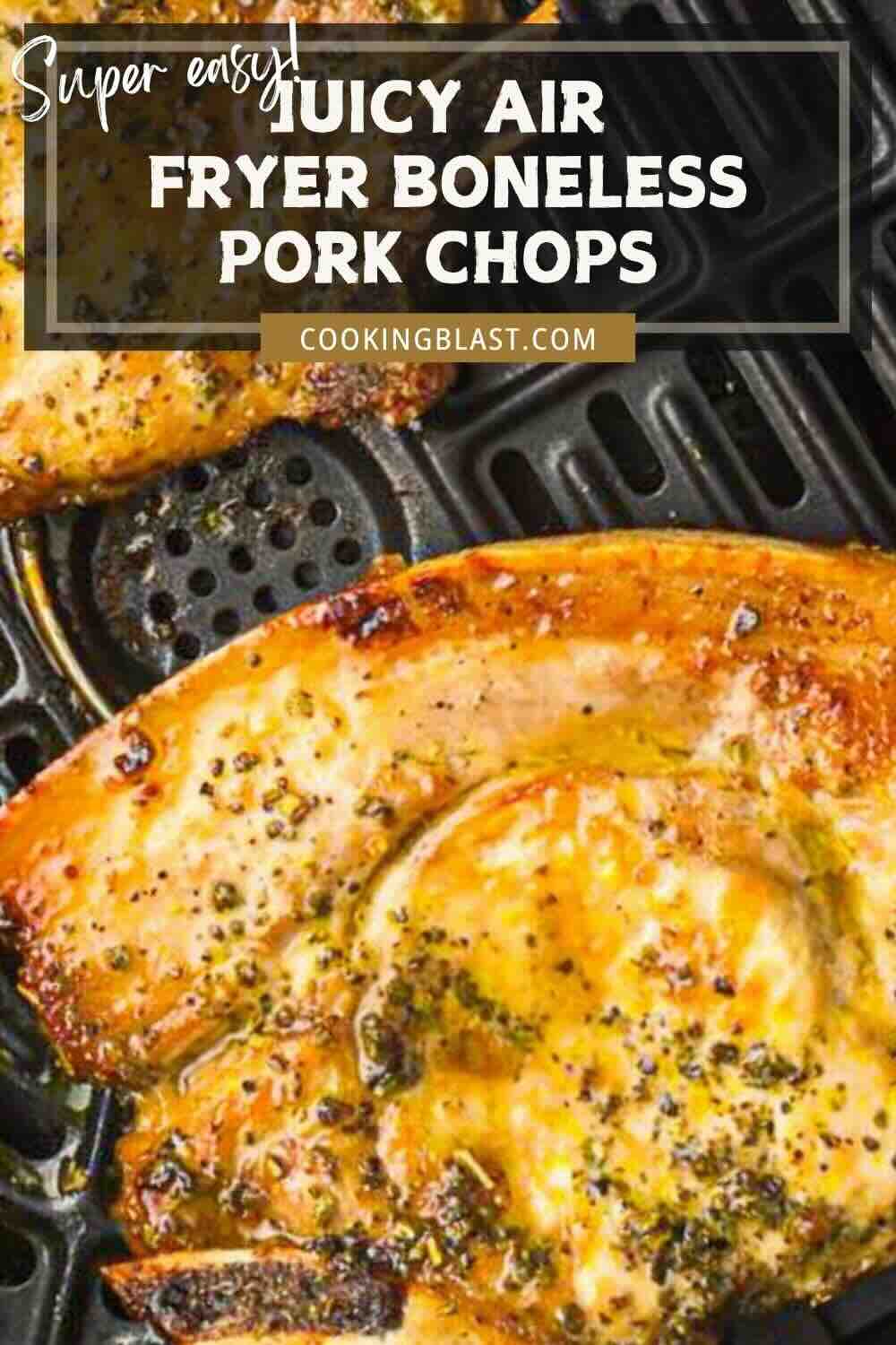Close-up of cooked boneless pork chops with seasoning on an air fryer tray, with text overlay promoting an air fryer pork chops recipe.