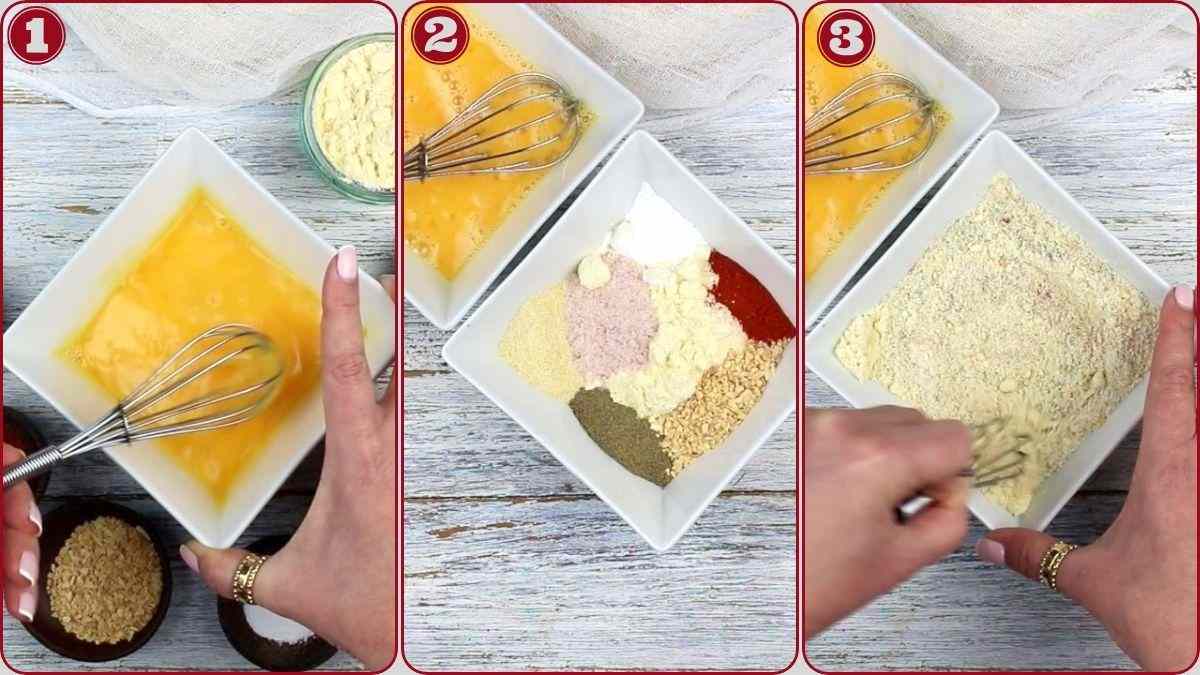 A three-panel image shows: whisking eggs, a bowl with various spices and dry ingredients, and mixing the dry ingredients together with a whisk.