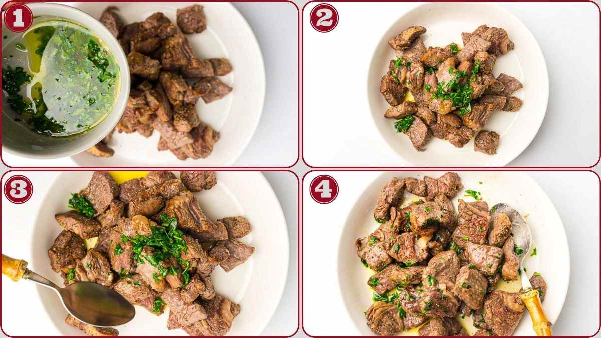 Four-step process showing cooked beef cubes on a plate being topped with chimichurri sauce, parsley, and then mixed together with a spoon.