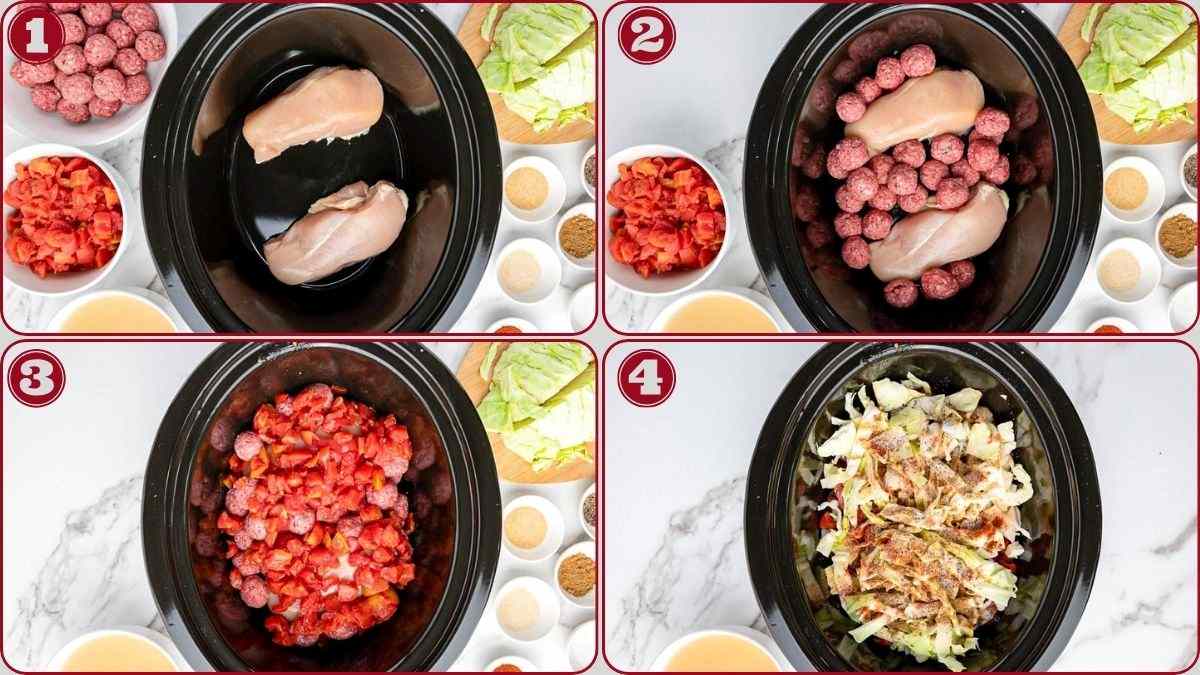 Four-step collage showing a crockpot: step 1 has raw chicken breasts, step 2 adds meatballs, step 3 adds diced tomatoes, and step 4 adds shredded lettuce and seasonings.