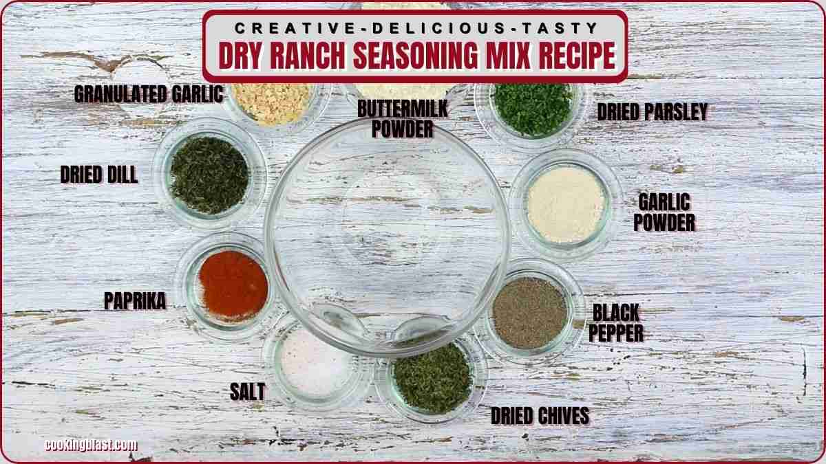 Overhead view of labeled ingredients in small bowls for dry ranch seasoning mix arranged around an empty glass bowl.