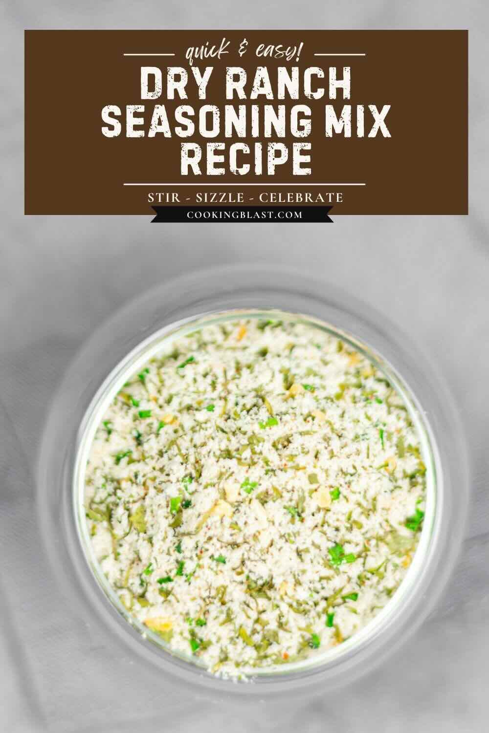 A clear bowl filled with homemade dry ranch seasoning mix, shown from above, with a labeled recipe banner at the top.