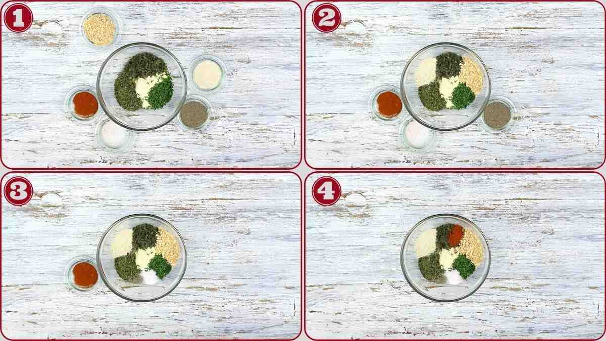 Four images show a process of mixing herbs and spices in a glass bowl, with small bowls of ingredients added step by step on a white wooden surface.
