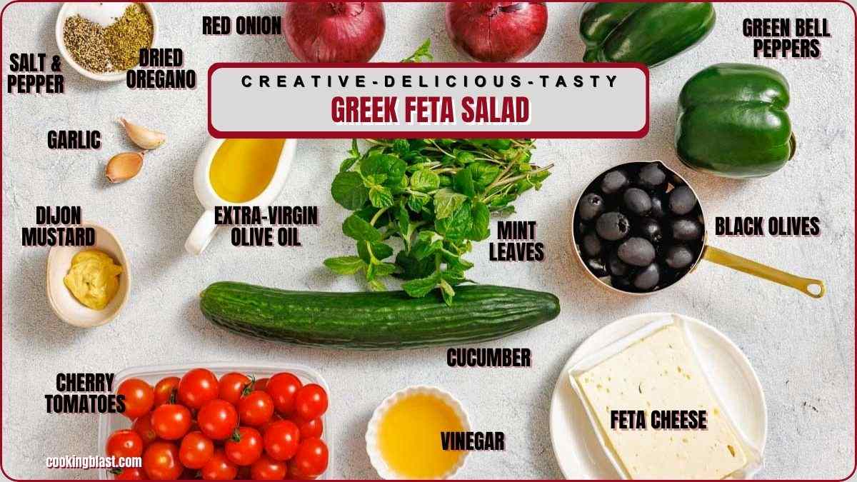 A variety of fresh ingredients for Greek feta salad are arranged on a white surface, including cucumber, cherry tomatoes, feta cheese, olives, herbs, and seasonings.