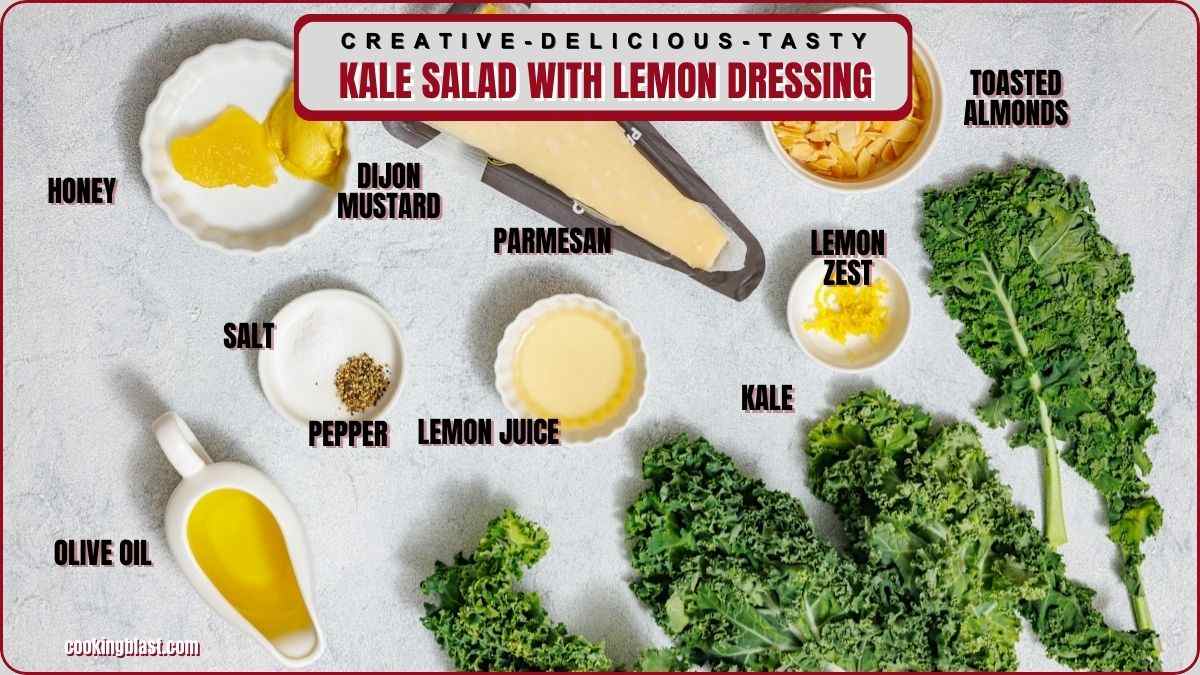 Ingredients for kale salad with lemon dressing, including kale, parmesan, lemon zest and juice, toasted almonds, honey, dijon mustard, olive oil, salt, and pepper, arranged on a white surface.