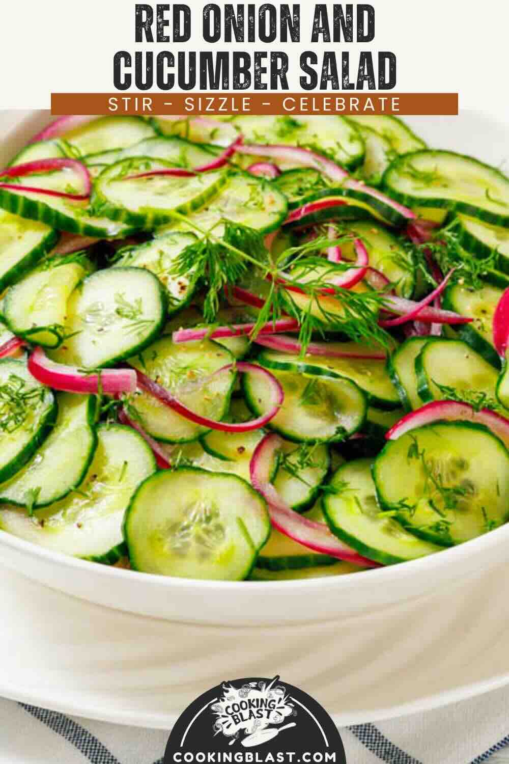 A white bowl filled with sliced cucumbers, red onions, and fresh dill, labeled as red onion and cucumber salad.