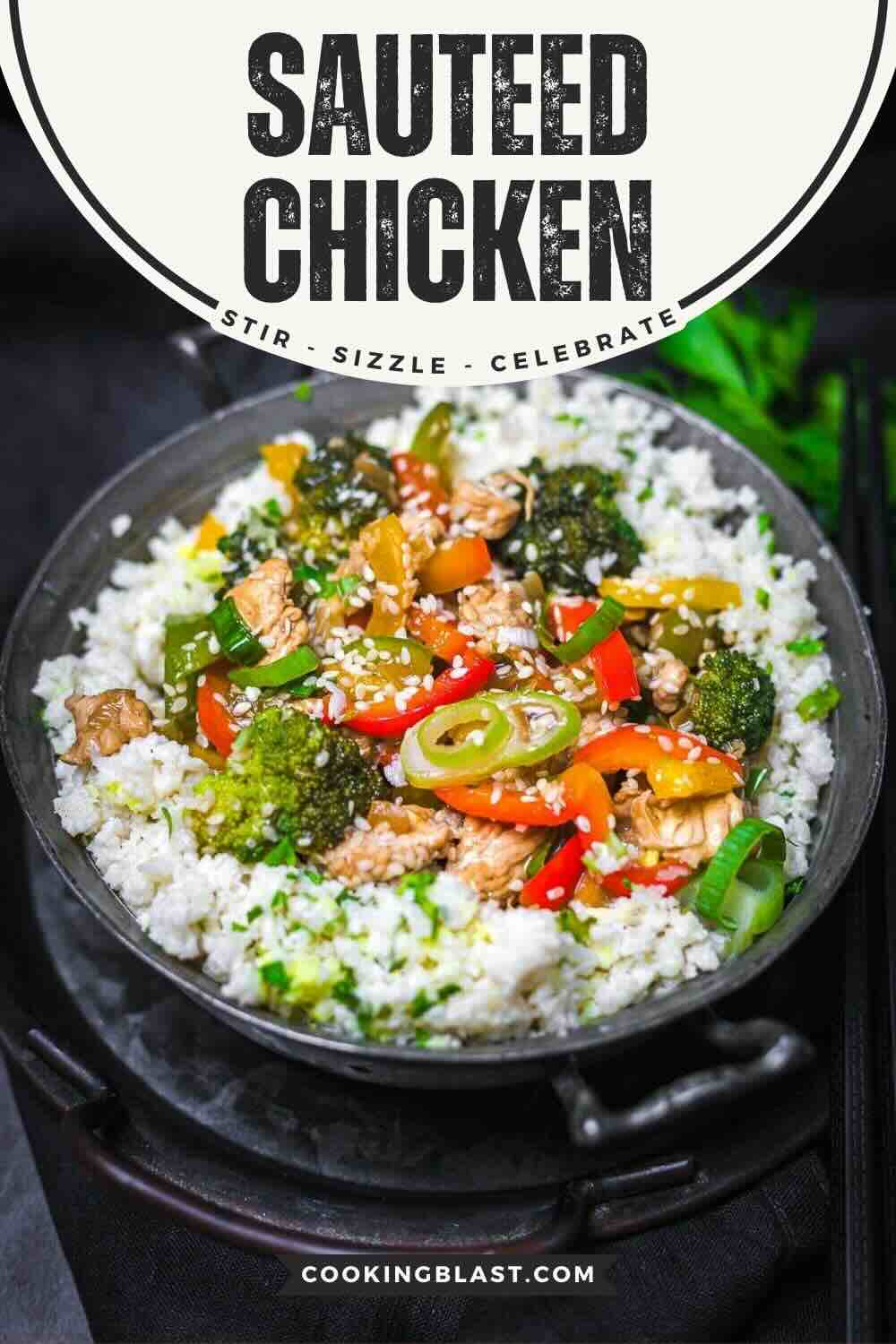 A bowl of sautéed chicken with broccoli, bell peppers, and sesame seeds served over rice, placed on a black surface with chopsticks beside it.