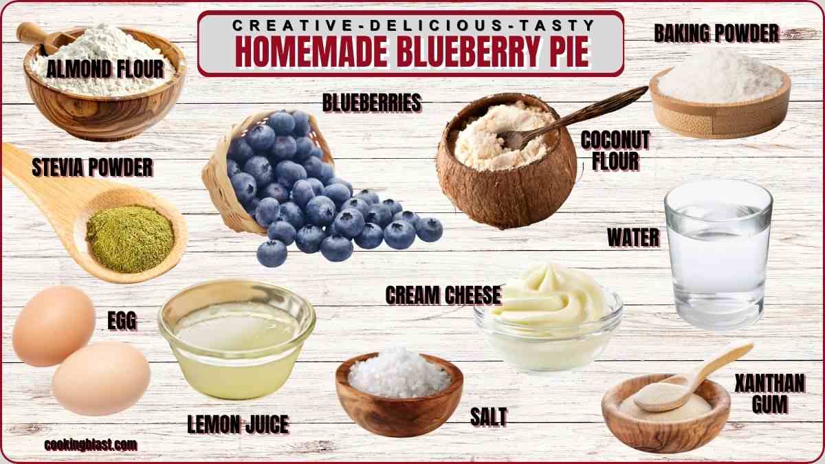 Ingredients for homemade blueberry pie are arranged on a wooden surface, including almond flour, blueberries, coconut flour, stevia powder, eggs, lemon juice, cream cheese, salt, baking powder, water, and xanthan gum.