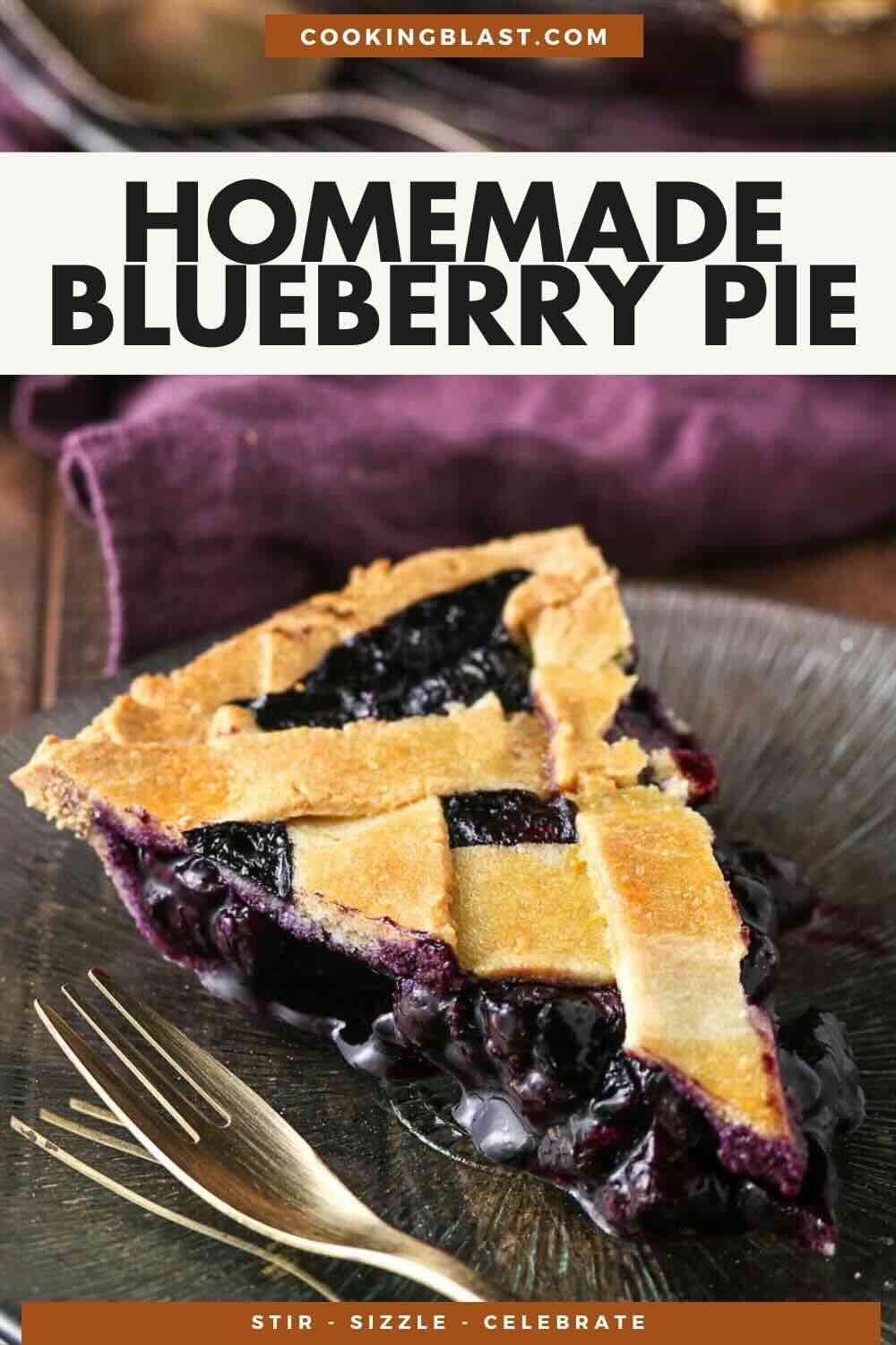A slice of homemade blueberry pie with a lattice crust is served on a glass plate, accompanied by a fork.