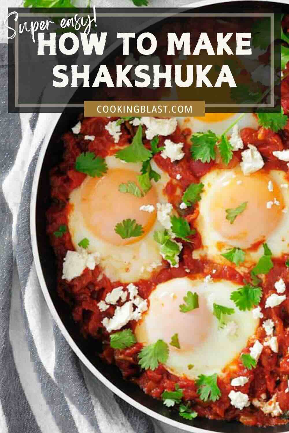 A pan of shakshuka with poached eggs in tomato sauce, topped with cilantro and crumbled cheese, is shown from above. Text reads "How to Make Shakshuka" and "cookingblast.com".