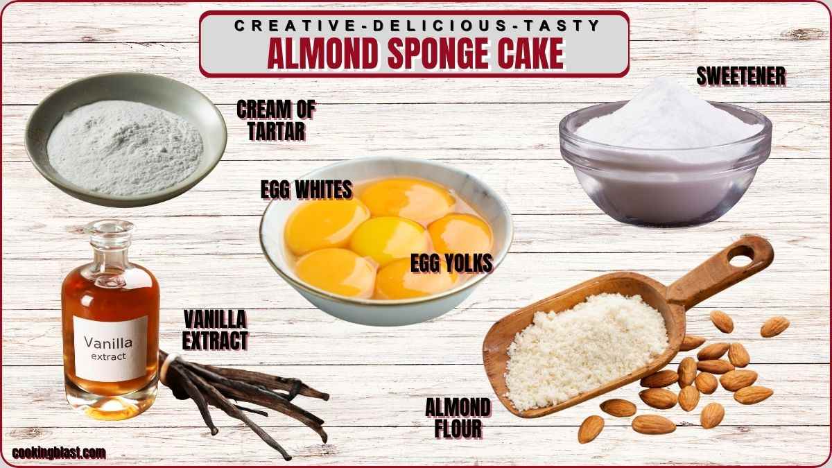 Ingredients for almond sponge cake are displayed: almond flour, vanilla extract, egg whites, egg yolks, cream of tartar, and sweetener, each shown in separate containers on a wooden surface.