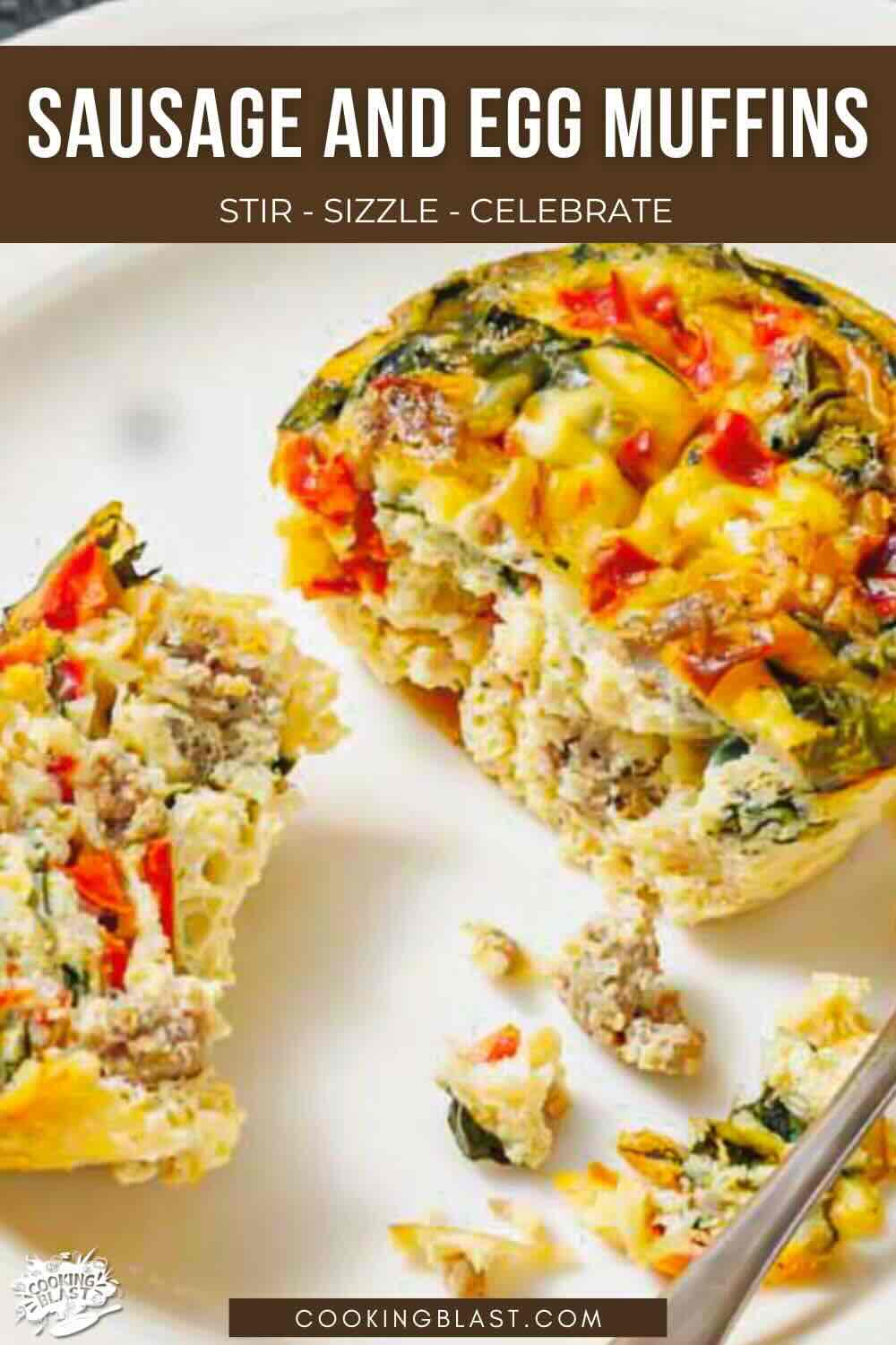 A sausage and egg muffin, filled with vegetables, is cut open on a white plate.