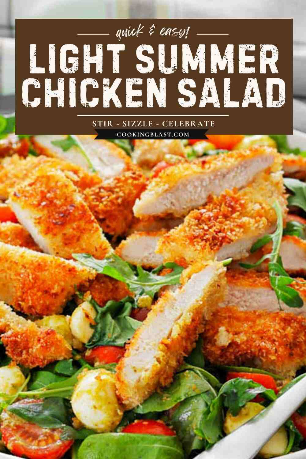 Crispy breaded chicken strips on a bed of leafy greens, cherry tomatoes, and mozzarella balls, labeled as “Light Summer Chicken Salad.”.
