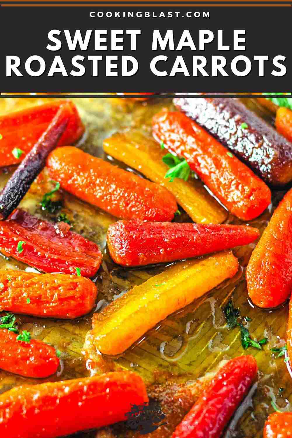 Roasted carrots in various colors coated with a glossy maple glaze, garnished with chopped herbs, on a baking sheet.