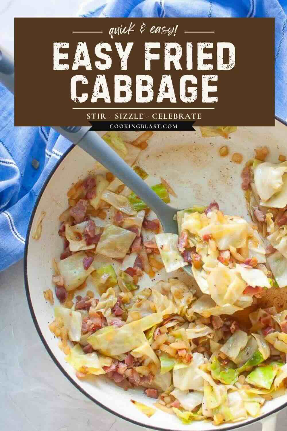 A pan of fried cabbage with bits of bacon, chopped onions, and a spatula, set on a blue towel. Text overlay reads: “Easy Fried Cabbage.”.