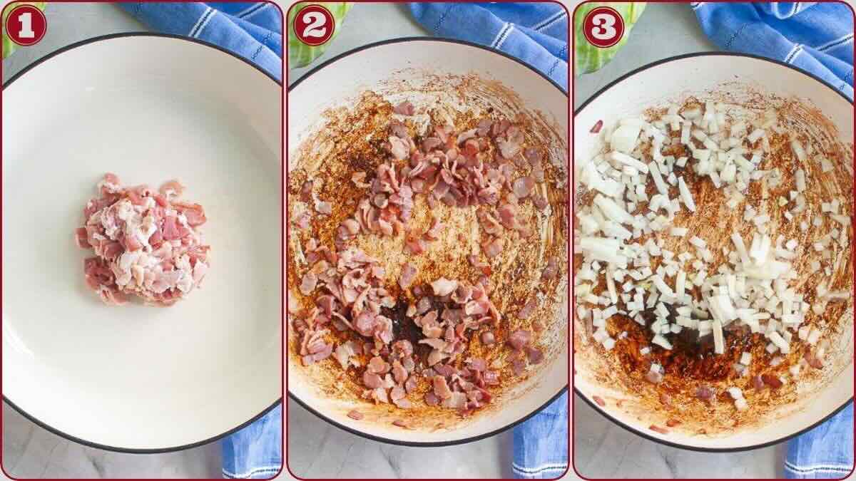 Step-by-step images show bacon cooking in a pan: raw bacon, partially cooked bacon, and then bacon with chopped onions added.