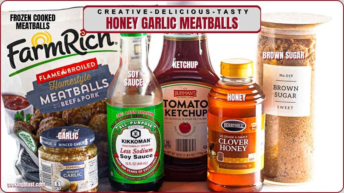Assorted ingredients for honey garlic meatballs, including frozen meatballs, soy sauce, ketchup, honey, brown sugar, and minced garlic, arranged side by side on a white surface.