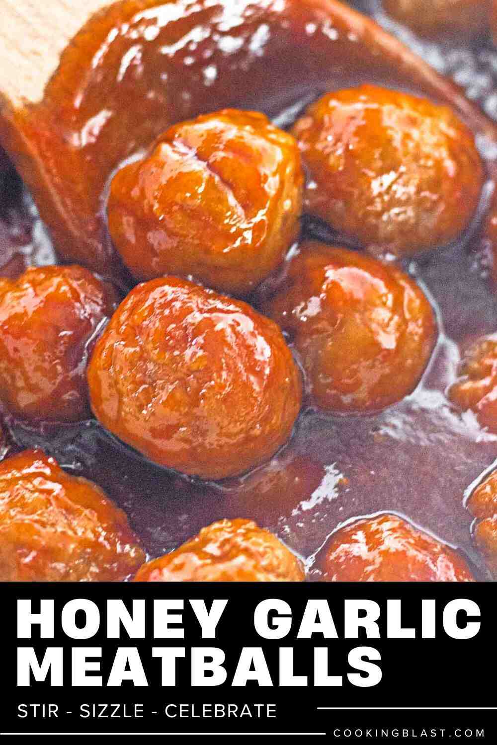 Meatballs coated in a glossy honey garlic sauce, being stirred with a wooden spoon. Text at the bottom reads “Honey Garlic Meatballs.”.