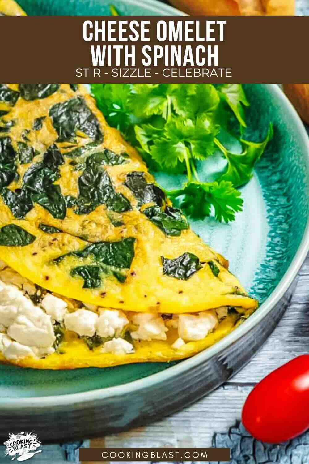 A spinach and feta cheese omelet on a teal plate, garnished with fresh cilantro.