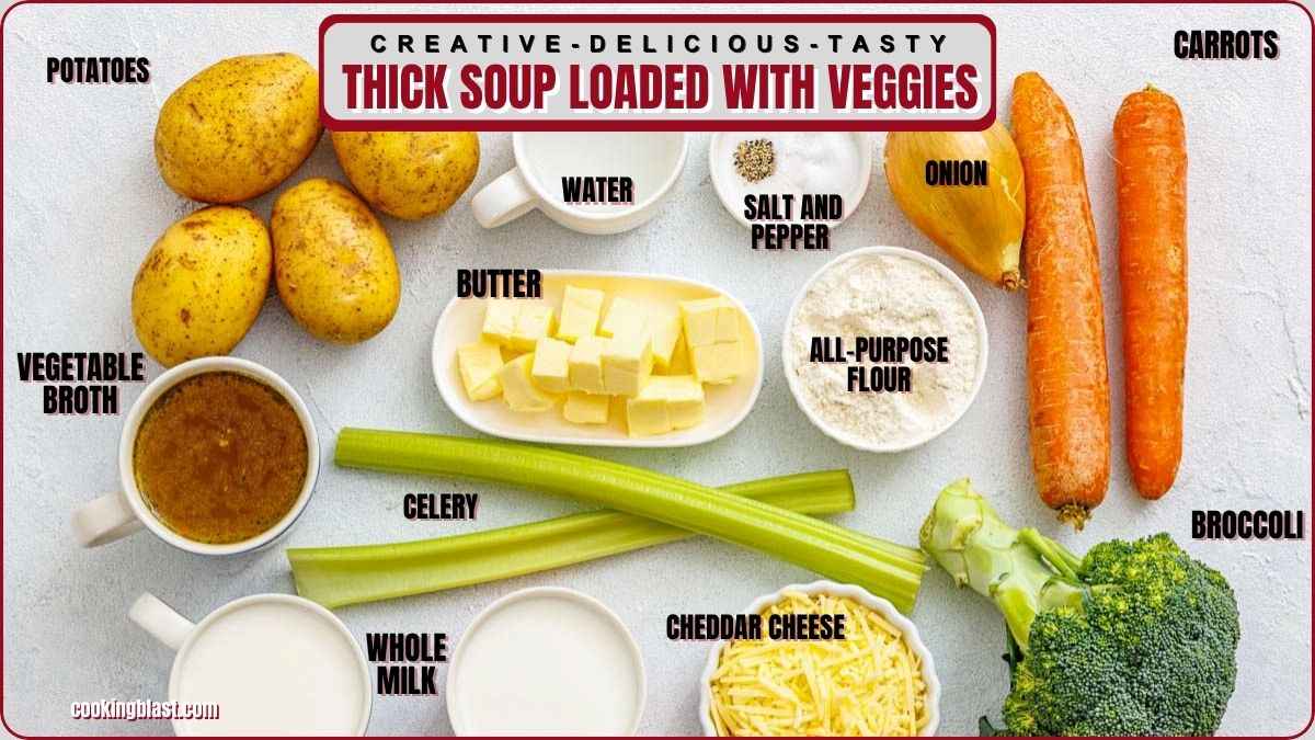 Ingredients for thick vegetable soup, including potatoes, carrots, broccoli, celery, onion, broth, milk, butter, flour, and spices, labeled with their names.